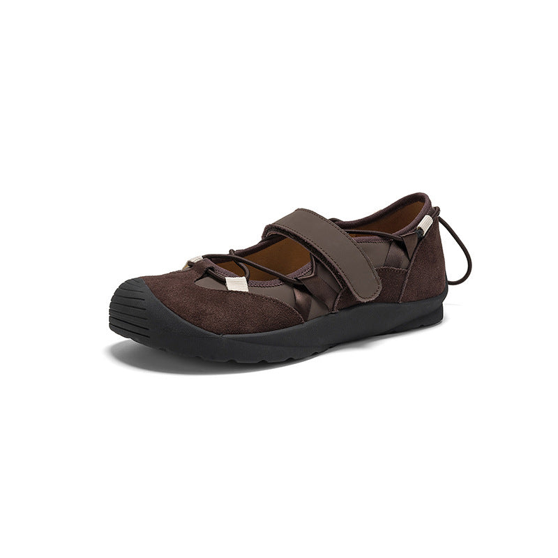 Colorblock Mary Jane Sneakers for Women Drawstring Velcro Leather Ballet Flats in Brown/Apricot/Silver