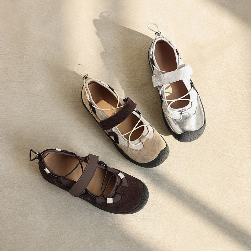 Colorblock Mary Jane Sneakers for Women Drawstring Velcro Leather Ballet Flats in Brown/Apricot/Silver