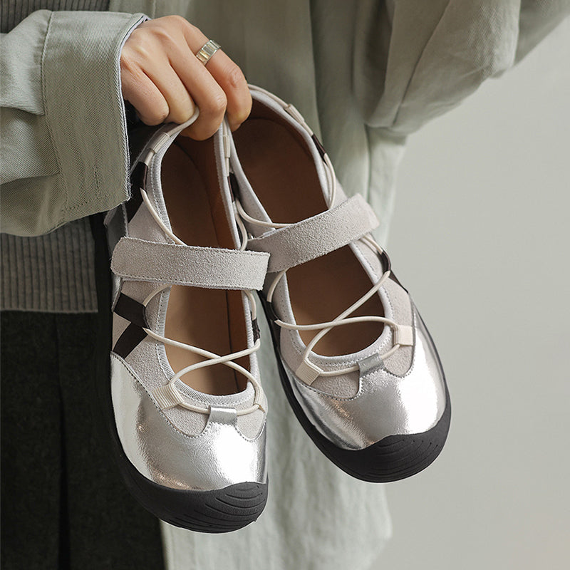 Colorblock Mary Jane Sneakers for Women Drawstring Velcro Leather Ballet Flats in Brown/Apricot/Silver