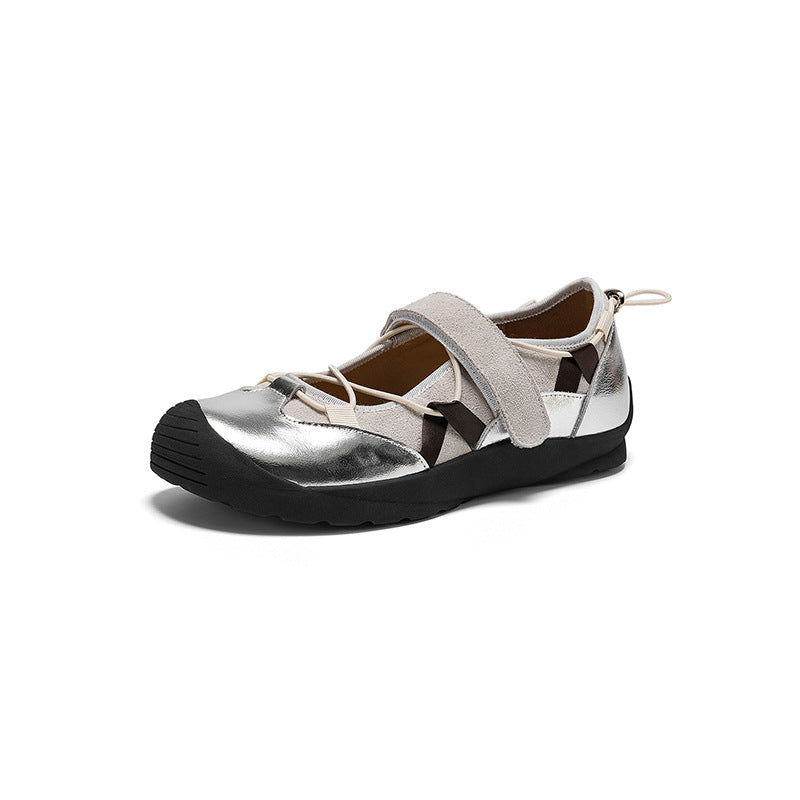 Colorblock Mary Jane Sneakers for Women Drawstring Velcro Leather Ballet Flats in Brown/Apricot/Silver