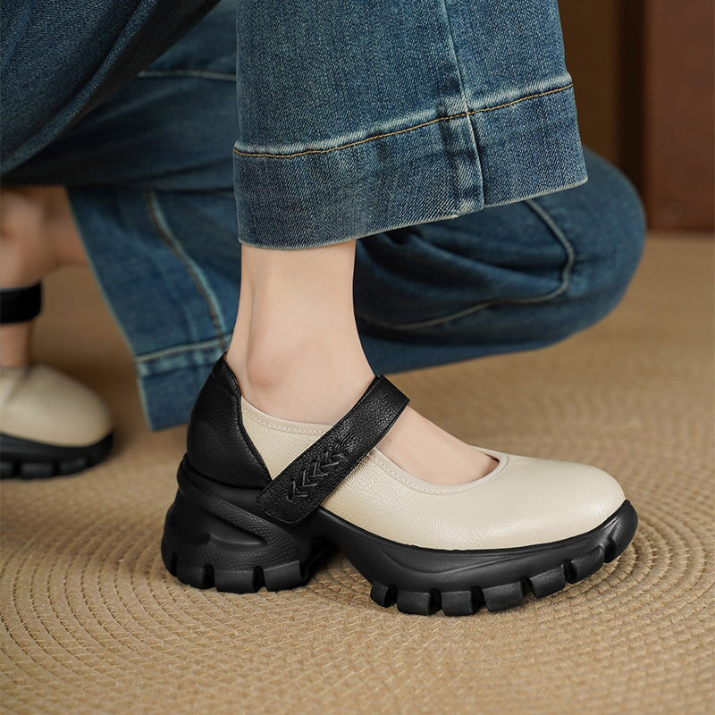 Colorblock Velcro Mary Jane Shoes for Women Sheepskin Leather Casual Platforms in Black/Beige