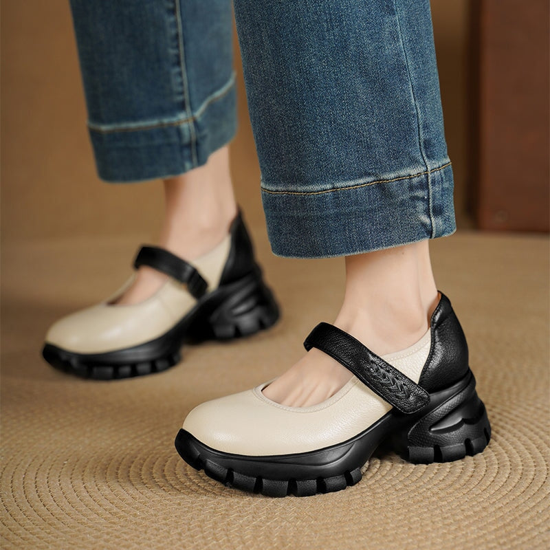 Colorblock Velcro Mary Jane Shoes for Women Sheepskin Leather Casual Platforms in Black/Beige