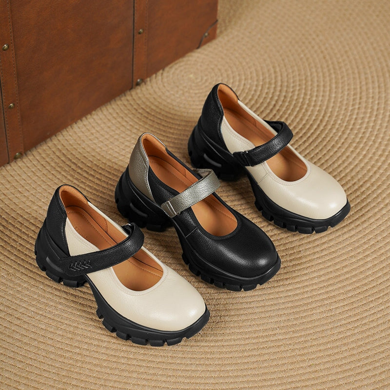 Colorblock Velcro Mary Jane Shoes for Women Sheepskin Leather Casual Platforms in Black/Beige