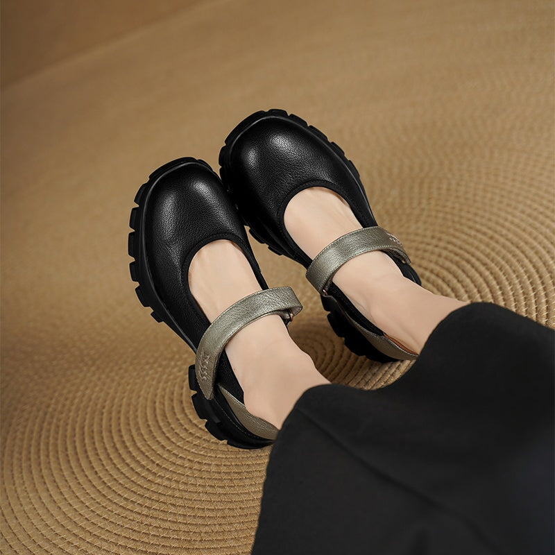 Colorblock Velcro Mary Jane Shoes for Women Sheepskin Leather Casual Platforms in Black/Beige