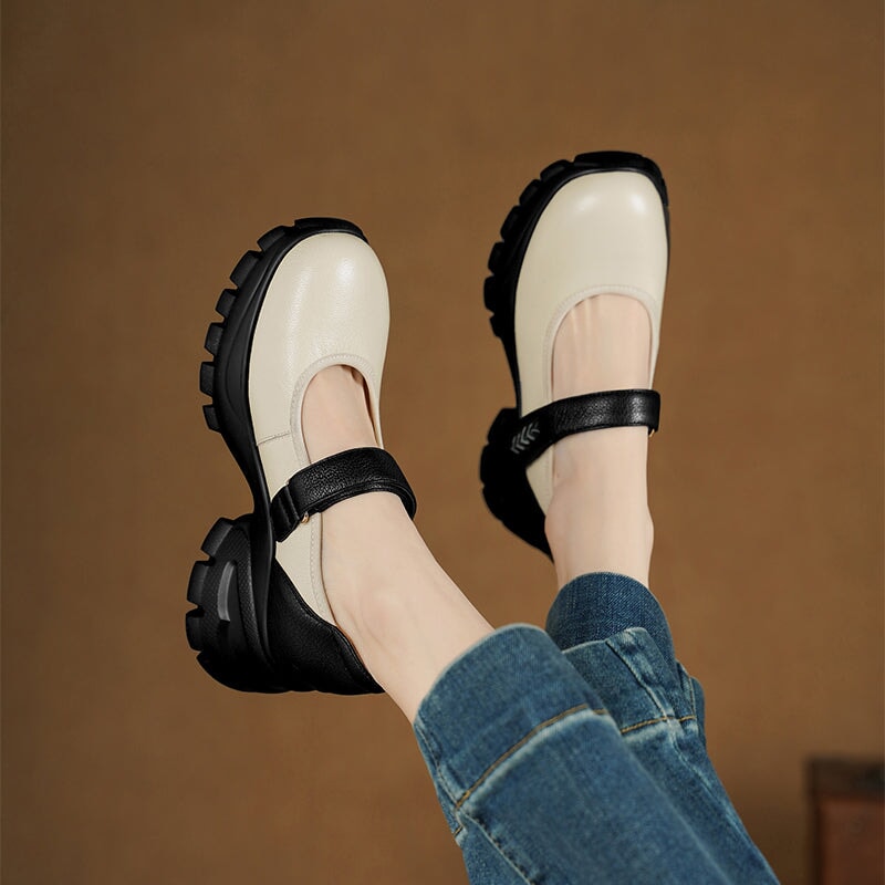Colorblock Velcro Mary Jane Shoes for Women Sheepskin Leather Casual Platforms in Black/Beige