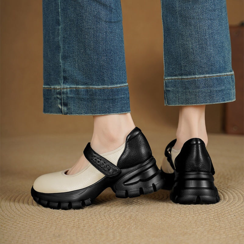 Colorblock Velcro Mary Jane Shoes for Women Sheepskin Leather Casual Platforms in Black/Beige