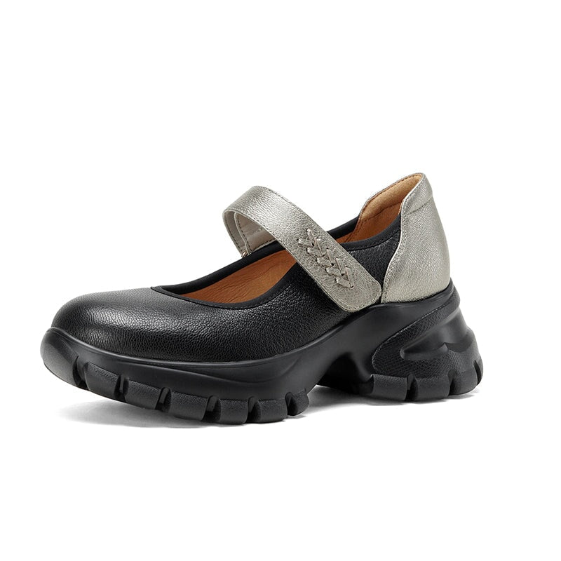 Colorblock Velcro Mary Jane Shoes for Women Sheepskin Leather Casual Platforms in Black/Beige