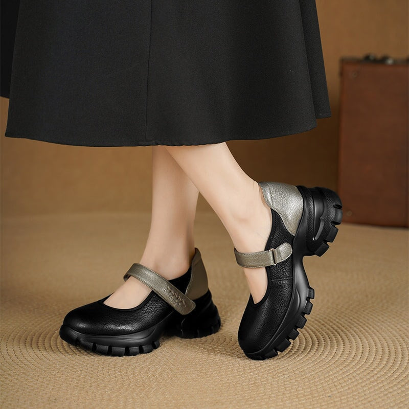 Colorblock Velcro Mary Jane Shoes for Women Sheepskin Leather Casual Platforms in Black/Beige