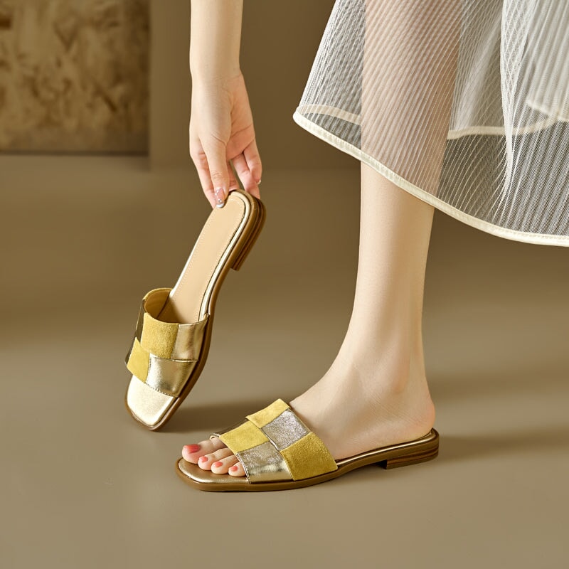 Colorblock Woven Flat Slide Sandals Soft Leather Open Toe Comfort Mules in Apricot/Yellow