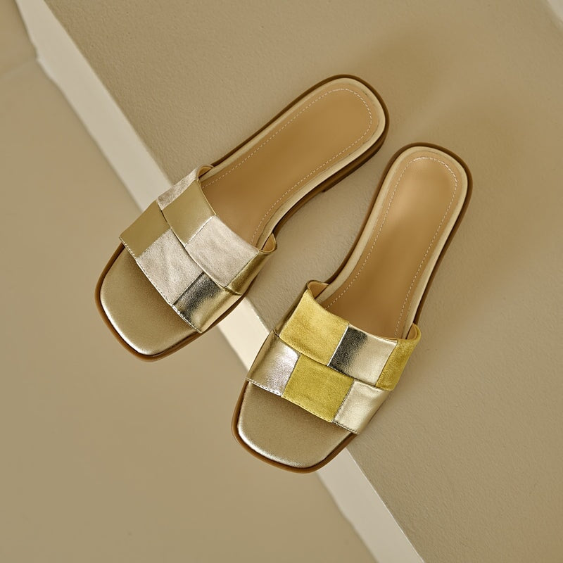 Colorblock Woven Flat Slide Sandals Soft Leather Open Toe Comfort Mules in Apricot/Yellow