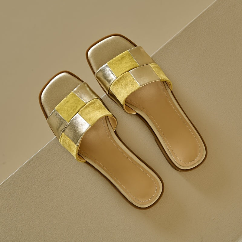 Colorblock Woven Flat Slide Sandals Soft Leather Open Toe Comfort Mules in Apricot/Yellow