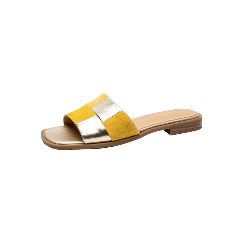 Colorblock Woven Flat Slide Sandals Soft Leather Open Toe Comfort Mules in Apricot/Yellow