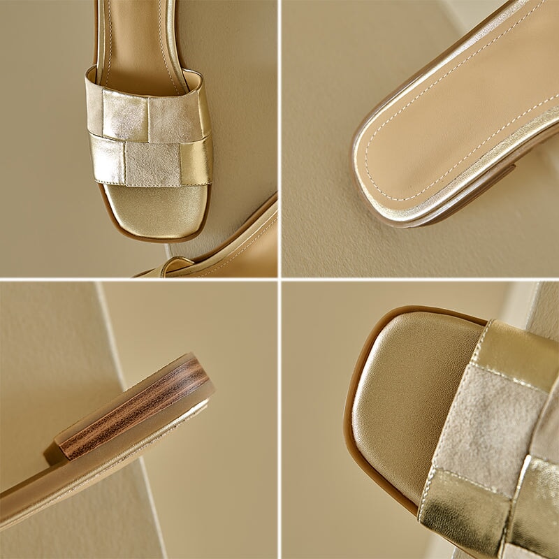 Colorblock Woven Flat Slide Sandals Soft Leather Open Toe Comfort Mules in Apricot/Yellow