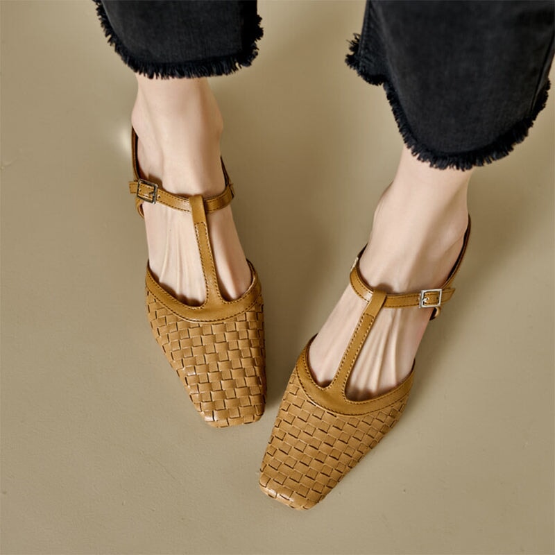 Cow Leather Weaving Mule Slippers For Women in Black/Beige/Apricot