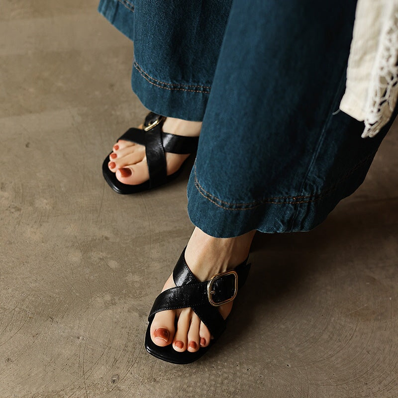 Cross-Strap Buckle Block Heel Mules Square Toe Vintage Leather Slide Sandals in Black/Apricot/Brown