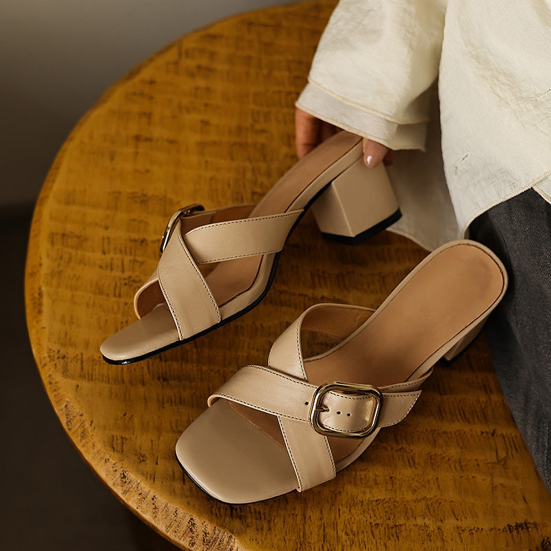 Cross-Strap Buckle Block Heel Mules Square Toe Vintage Leather Slide Sandals in Black/Apricot/Brown