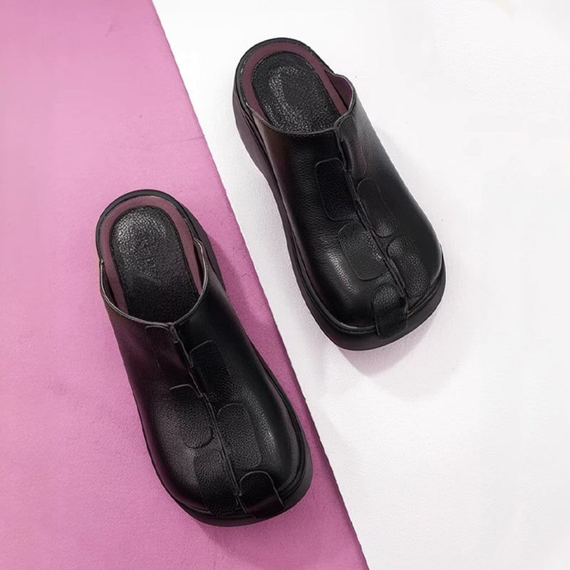 Custom Color 60mm Platform Slippers Leather Mules for Women Backless Loafers in Black