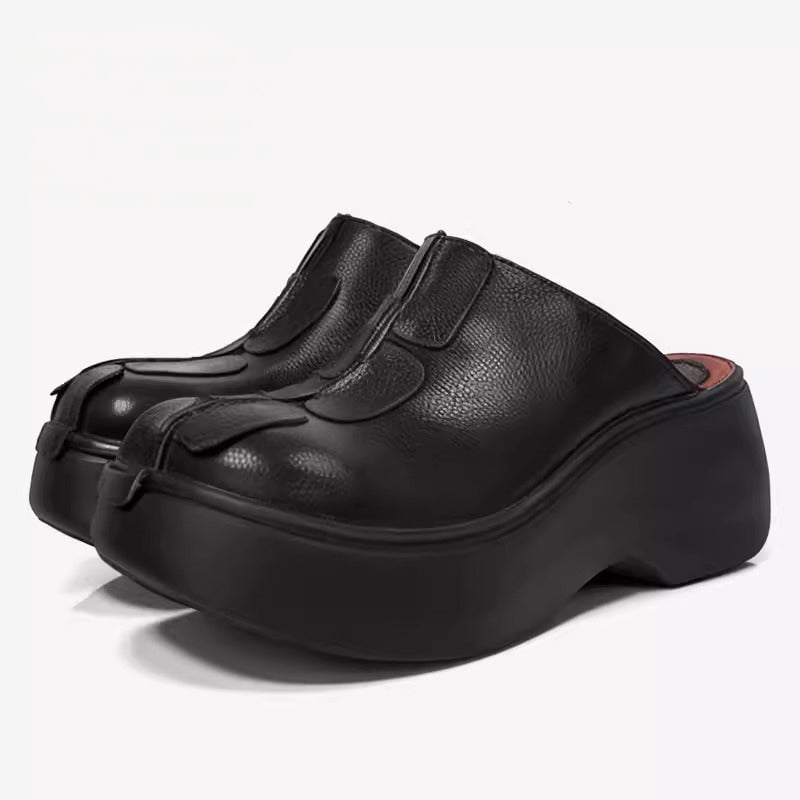 Custom Color 60mm Platform Slippers Leather Mules for Women Backless Loafers in Black