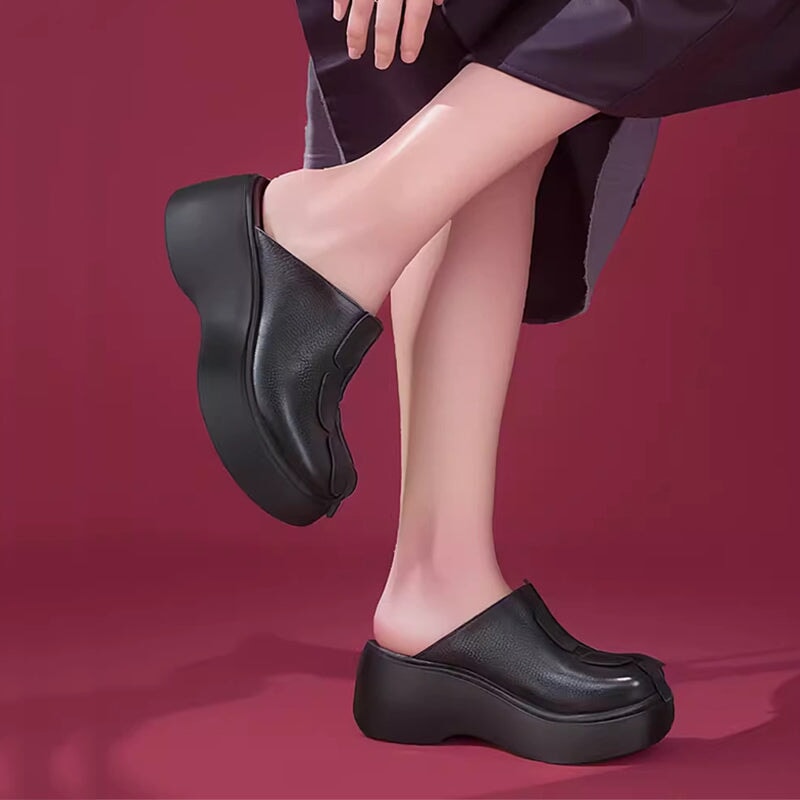 Custom Color 60mm Platform Slippers Leather Mules for Women Backless Loafers in Black