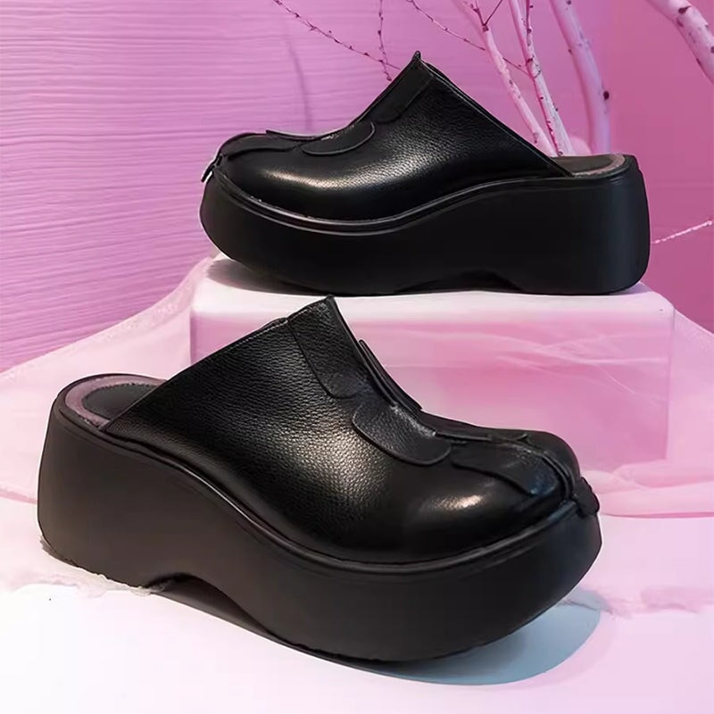 Custom Color 60mm Platform Slippers Leather Mules for Women Backless Loafers in Black