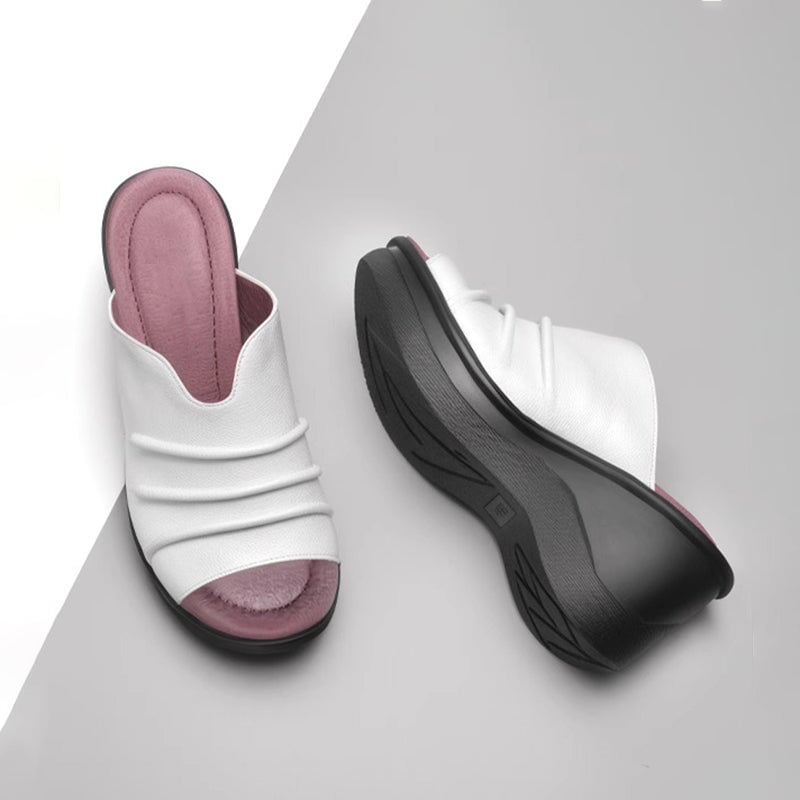 Custom Color Fold Design Leather Slide Sandals For Women Peep Toe Platform Slippers in Black/White