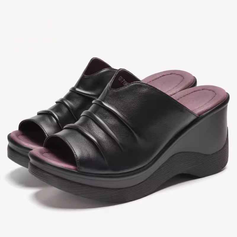 Custom Color Fold Design Leather Slide Sandals For Women Peep Toe Platform Slippers in Black/White