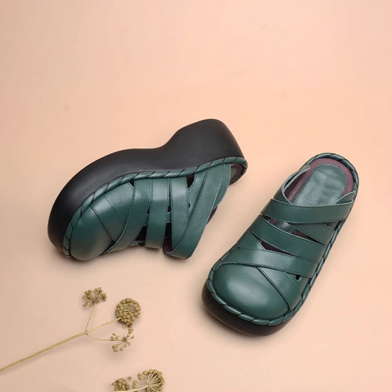 Custom Color Handmade Cowhide Platform Mule Slippers Wedge Sandals in Black/Khaki/Green
