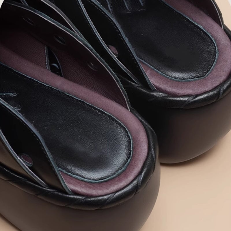 Custom Color Handmade Cowhide Platform Mule Slippers Wedge Sandals in Black/Khaki/Green