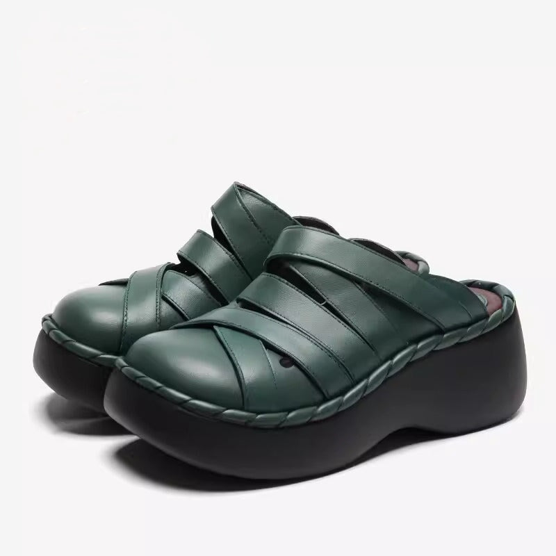 Custom Color Handmade Cowhide Platform Mule Slippers Wedge Sandals in Black/Khaki/Green