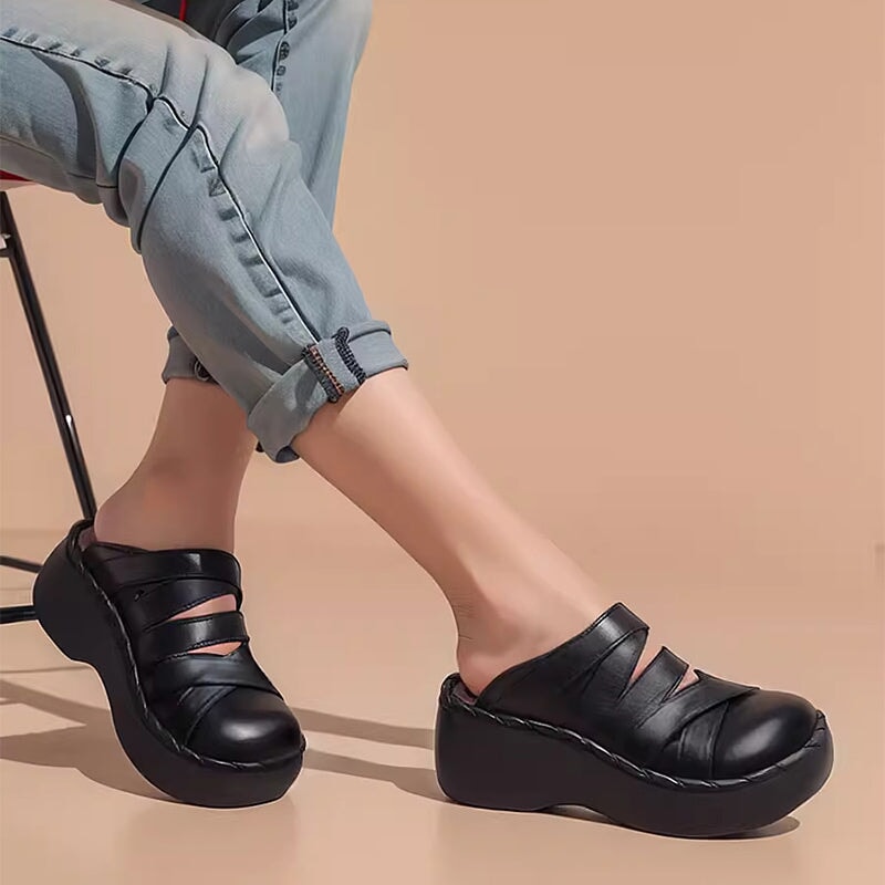 Custom Color Handmade Cowhide Platform Mule Slippers Wedge Sandals in Black/Khaki/Green