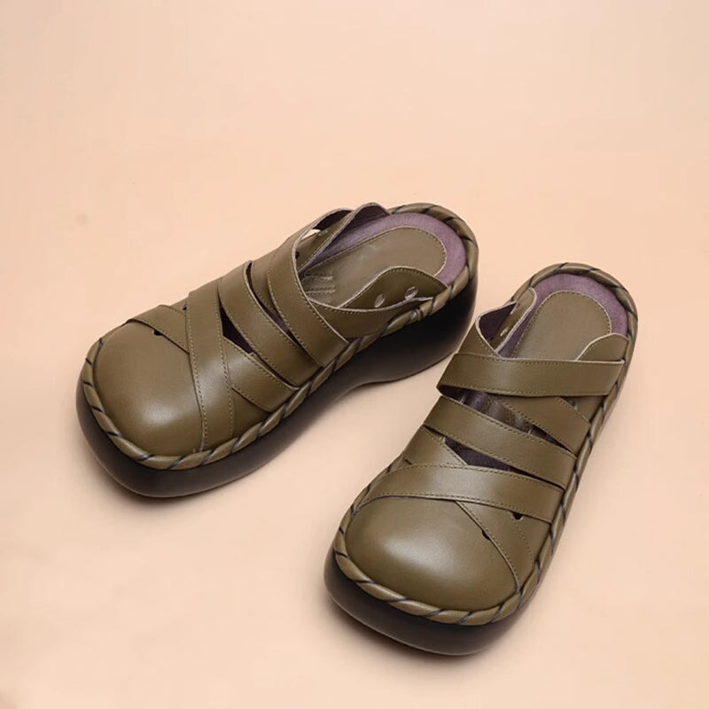 Custom Color Handmade Cowhide Platform Mule Slippers Wedge Sandals in Black/Khaki/Green