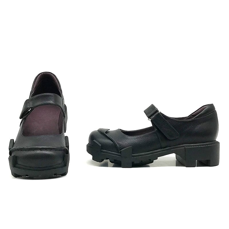 Custom Color Handmade Women’s Leather Retro Mary Jane Creepers with Velcro Strap in Red/Black/Dark Coffee