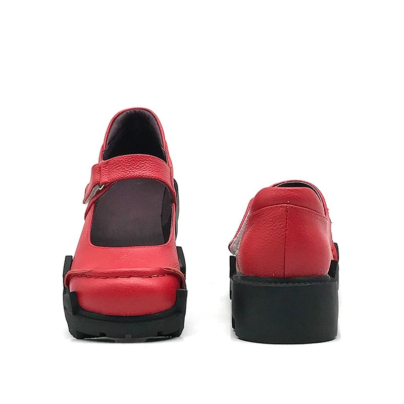 Custom Color Handmade Women’s Leather Retro Mary Jane Creepers with Velcro Strap in Red/Black/Dark Coffee