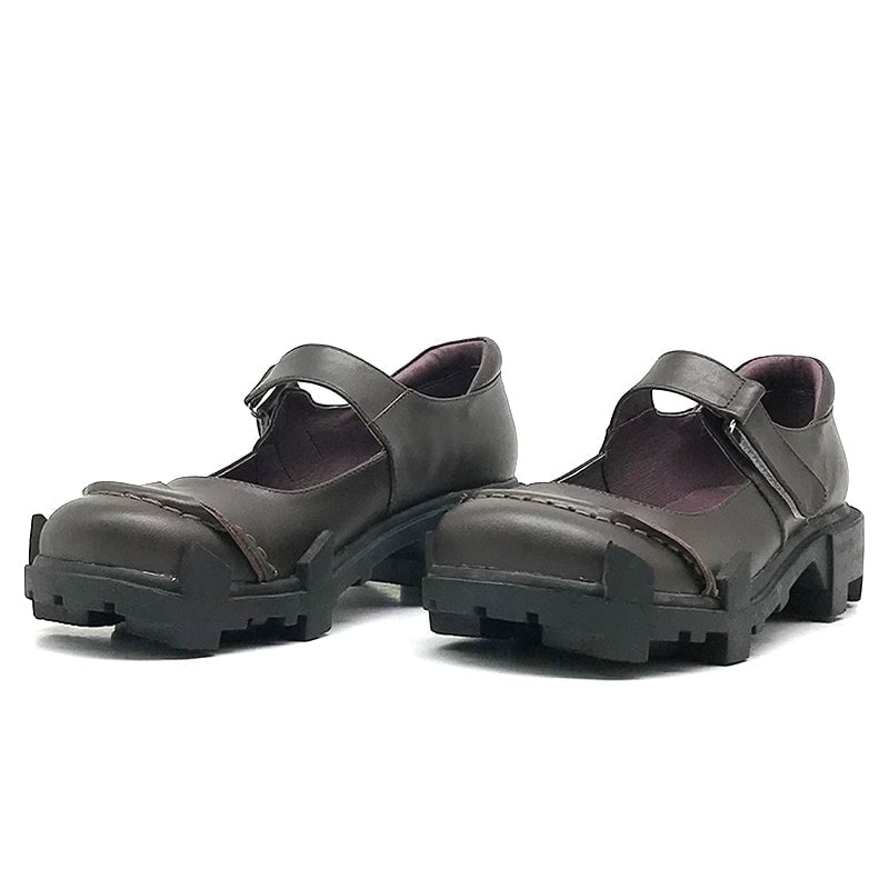 Custom Color Handmade Women’s Leather Retro Mary Jane Creepers with Velcro Strap in Red/Black/Dark Coffee