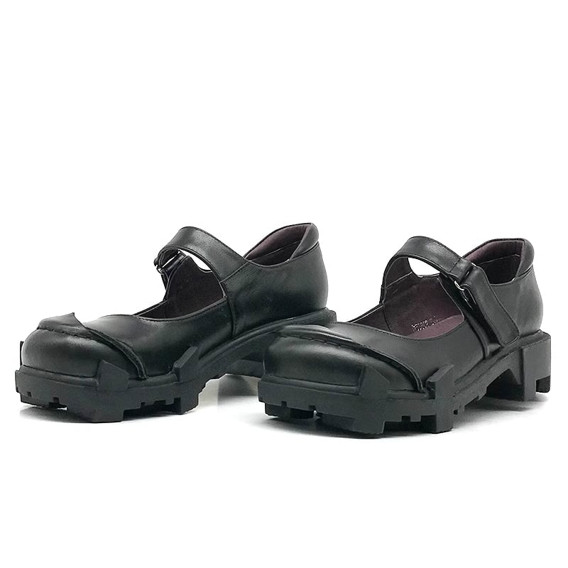 Custom Color Handmade Women’s Leather Retro Mary Jane Creepers with Velcro Strap in Red/Black/Dark Coffee