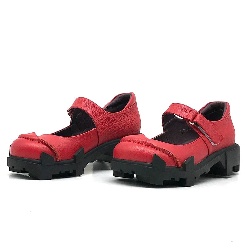 Custom Color Handmade Women’s Leather Retro Mary Jane Creepers with Velcro Strap in Red/Black/Dark Coffee
