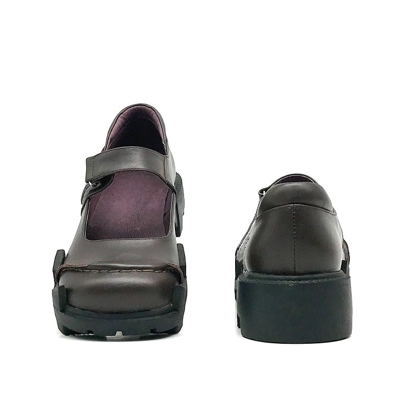 Custom Color Handmade Women’s Leather Retro Mary Jane Creepers with Velcro Strap in Red/Black/Dark Coffee