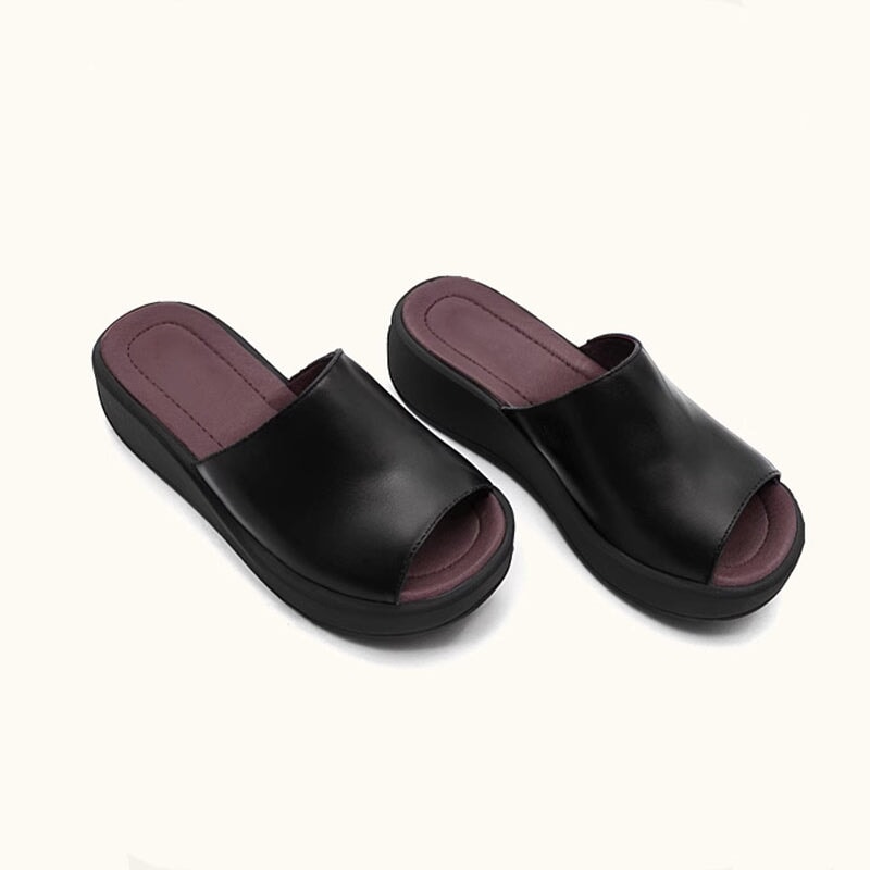 Custom Color Leather Slide Sandals For Women Peep Toe Platform Slippers in Black/White