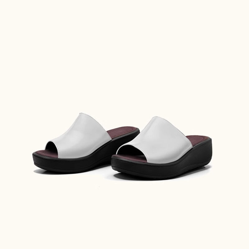 Custom Color Leather Slide Sandals For Women Peep Toe Platform Slippers in Black/White
