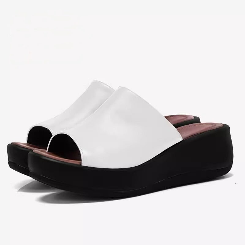 Custom Color Leather Slide Sandals For Women Peep Toe Platform Slippers in Black/White