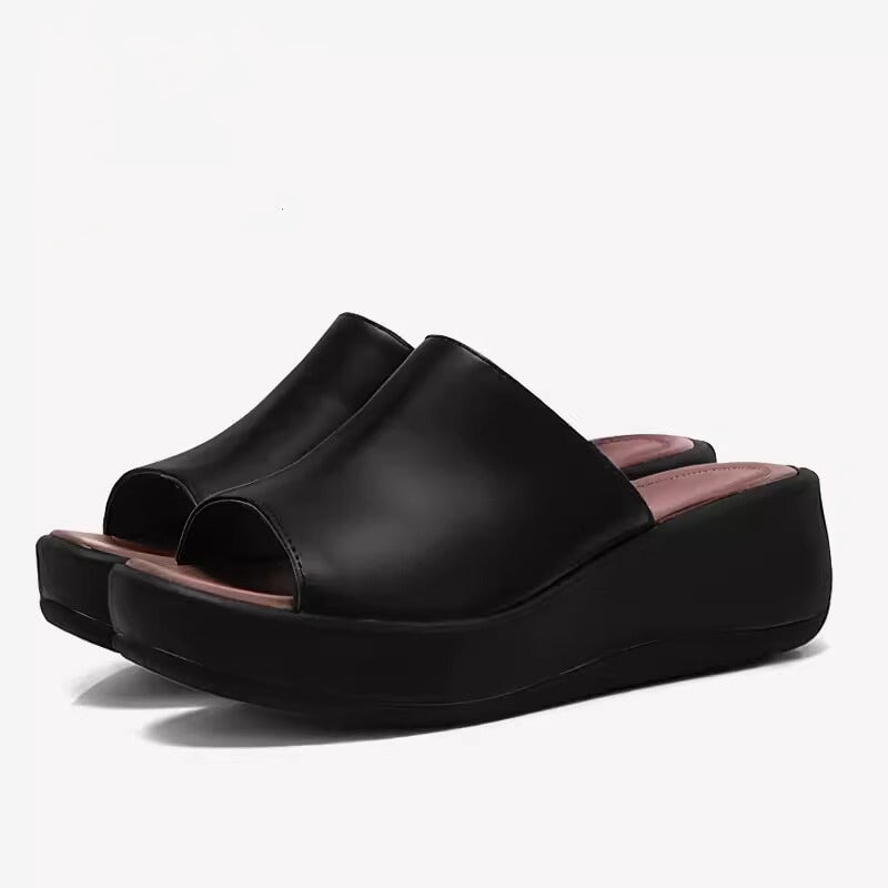 Custom Color Leather Slide Sandals For Women Peep Toe Platform Slippers in Black/White