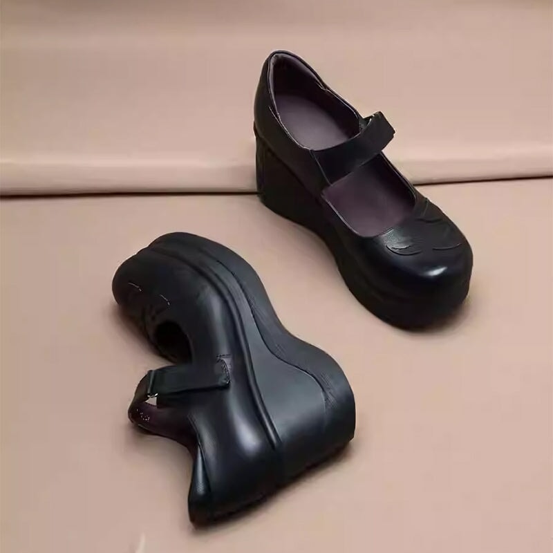 Custom Color Women’s Casual Retro Mary Jane Creepers Wedge Shoes in Top-Grain Leather with Velcro Strap in Black