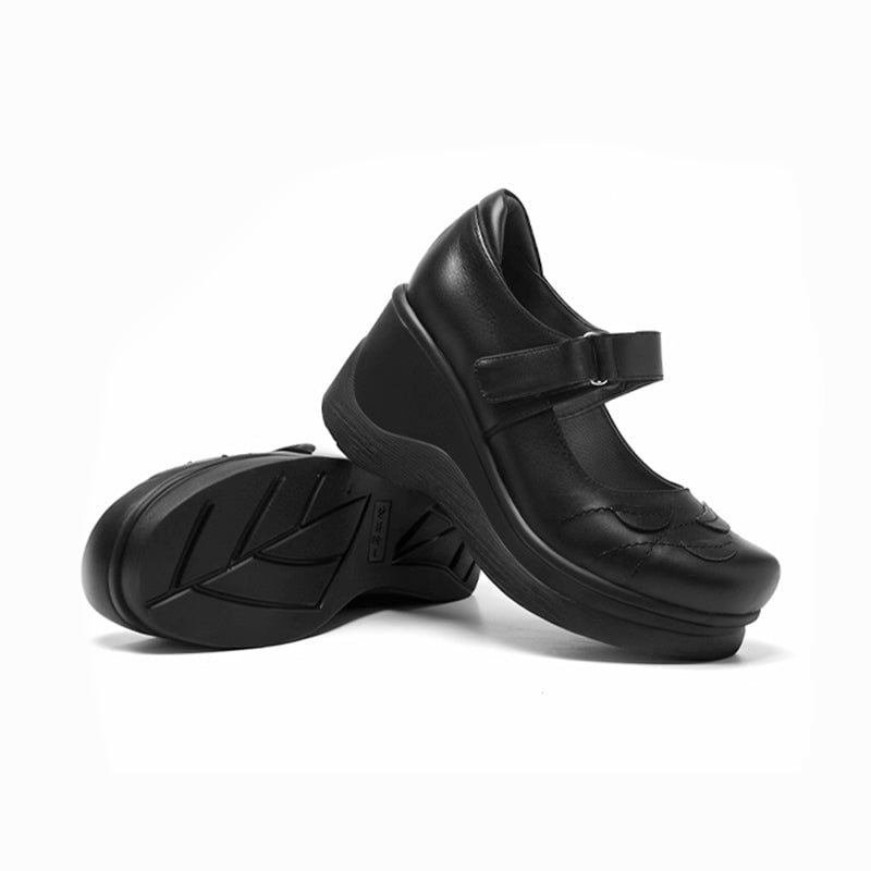 Custom Color Women’s Casual Retro Mary Jane Creepers Wedge Shoes in Top-Grain Leather with Velcro Strap in Black