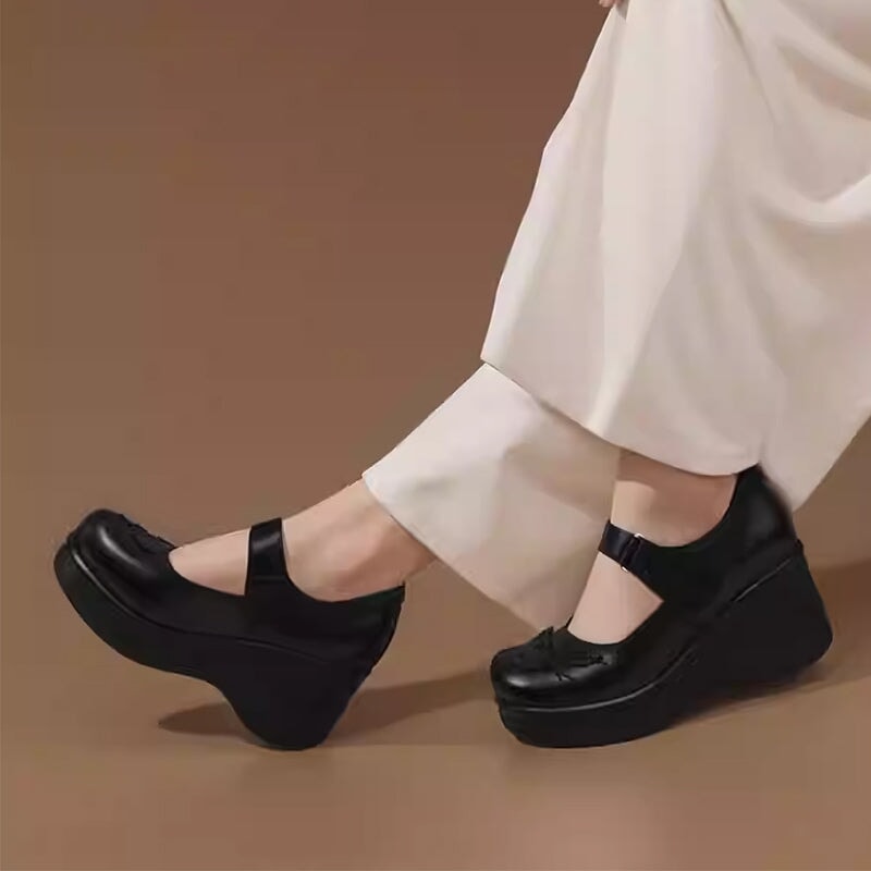 Custom Color Women’s Casual Retro Mary Jane Creepers Wedge Shoes in Top-Grain Leather with Velcro Strap in Black