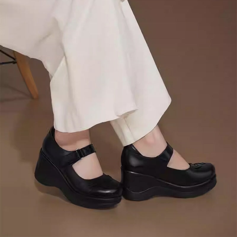 Custom Color Women’s Casual Retro Mary Jane Creepers Wedge Shoes in Top-Grain Leather with Velcro Strap in Black
