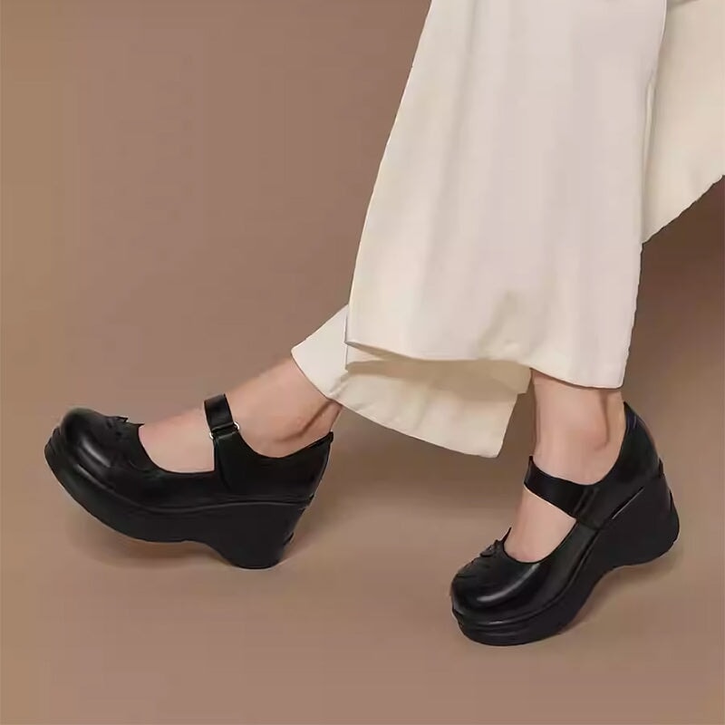 Custom Color Women’s Casual Retro Mary Jane Creepers Wedge Shoes in Top-Grain Leather with Velcro Strap in Black