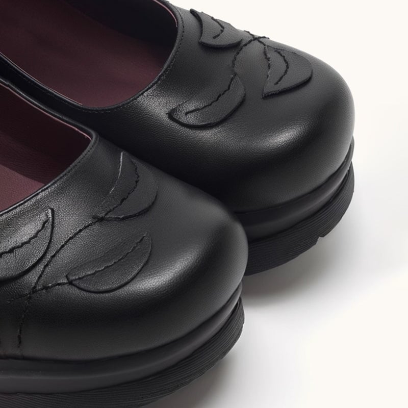 Custom Color Women’s Casual Retro Mary Jane Creepers Wedge Shoes in Top-Grain Leather with Velcro Strap in Black