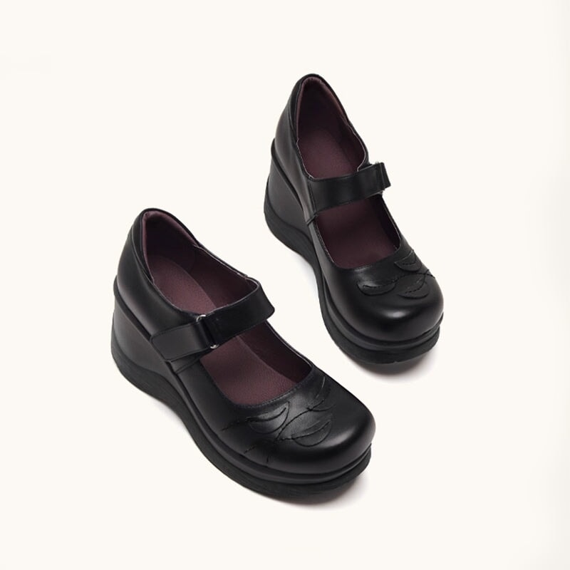 Custom Color Women’s Casual Retro Mary Jane Creepers Wedge Shoes in Top-Grain Leather with Velcro Strap in Black