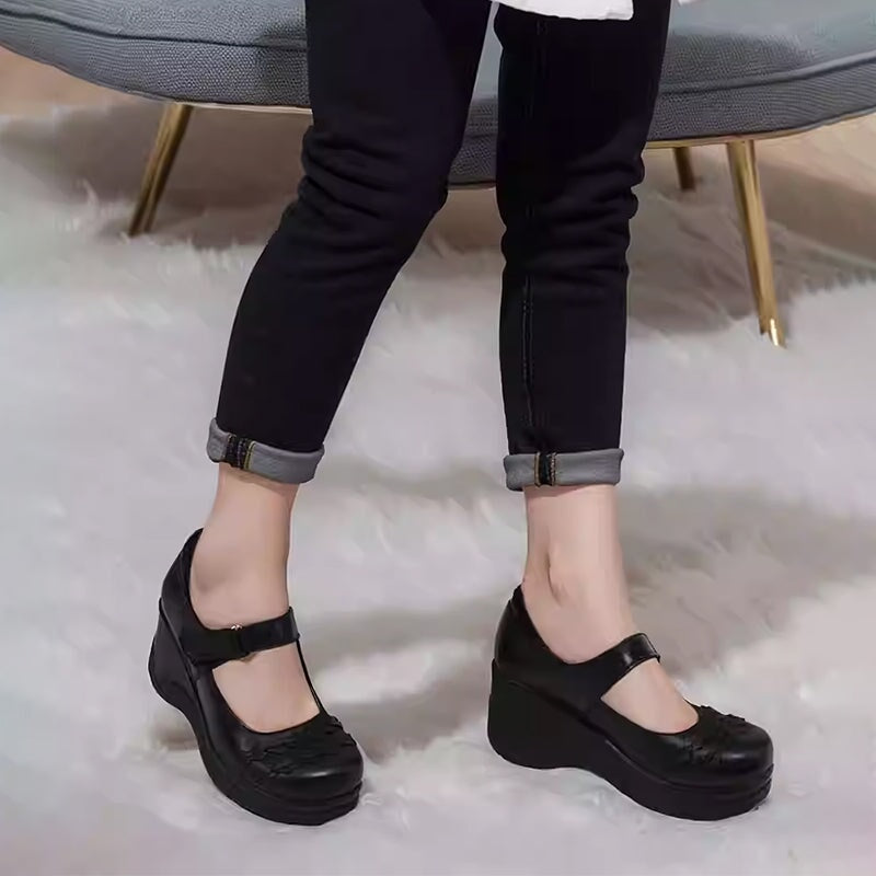 Custom Color Women’s Handmade Leather Mary Jane Creepers Retro Wedge Shoes with Velcro Strap in Black
