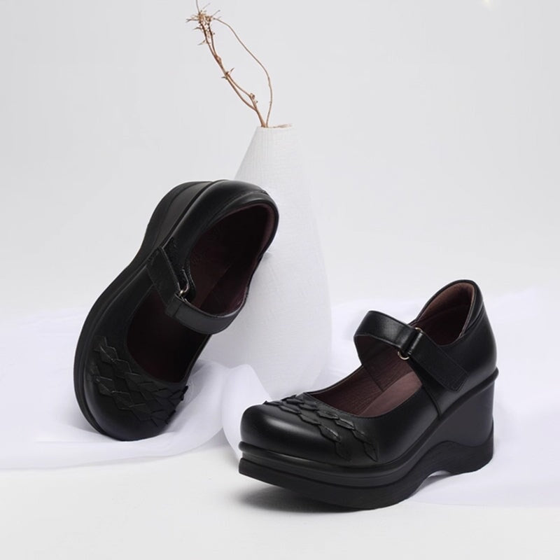 Custom Color Women’s Handmade Leather Mary Jane Creepers Retro Wedge Shoes with Velcro Strap in Black